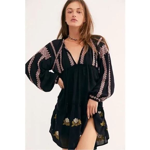 NWOT Free People Lined Wild Horses Mini black embroidered floral boho Dress US S - Picture 1 of 7